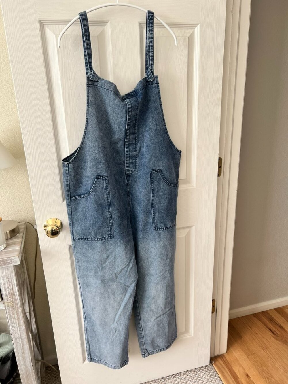 Soft Denim Utility Overall Jumpsuit Adjustable Strap Cropped Pinafore L/XL
